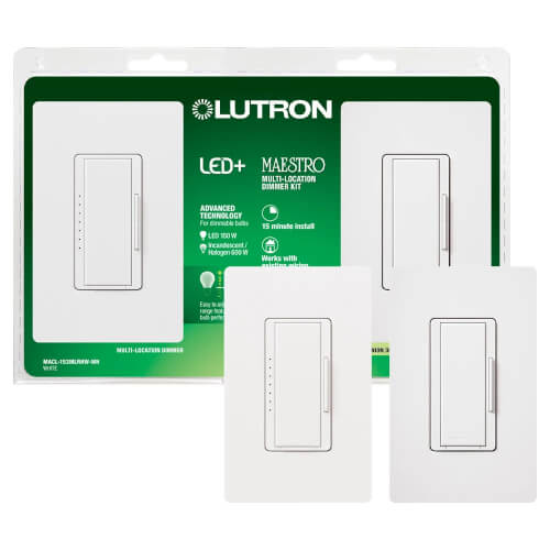 Main product image of Maestro LED+ Dimmer Switch and Companion Dimmer, 3-Way Kit, 150W LED, No Neutral Required,120V, MACL-153M-RHW-WH, White