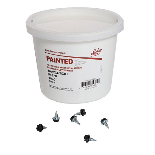 Main product image of #6 3/8" (Length) x 1/4" (Head Size) Painted Slotted Hex Head Zip-in Self-Piercing Sheet Metal Screws, Black (Tub of 1,000)