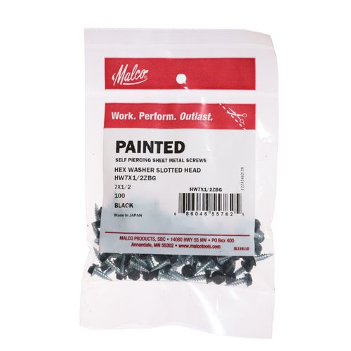 Main product image of #7 1/2" (Length) x 1/4" (Head Size) Painted Slotted Hex Head Zip-in Self-Piercing Sheet Metal Screws, Black (Bag of 100)