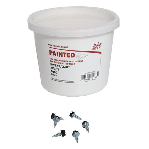 Main product image of #7 1/2" (Length) x 1/4" (Head Size) Painted Slotted Hex Head Zip-in Self-Piercing Sheet Metal Screws, Black (Tub of 1,000)