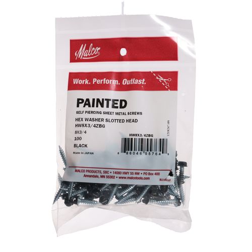 Main product image of #8 3/4" (Length) x 1/4" (Head Size) Painted Slotted Hex Head Zip-in Self-Piercing Sheet Metal Screws, Black (Bag of 100)