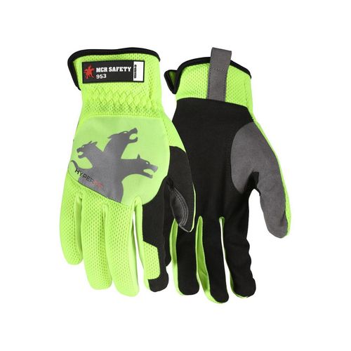 Main product image of 953 HyperFit Mechanics Work Gloves w/ Synthetic Leather Palm & Reflective Logo, Lime (Large)