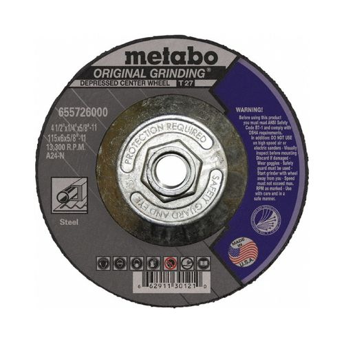 Main product image of 4-1/2" x 1/4" Depressed Center Grinding Wheel, 5/8-11 Threaded Hub, Aluminum Oxide (Type 27)