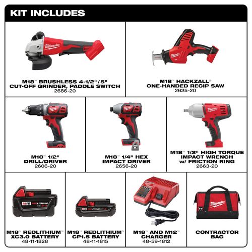 Main product image of M18 Drill/Driver, Impact Driver, Impact Wrench, HACKZALL Saw, Grinder Kit