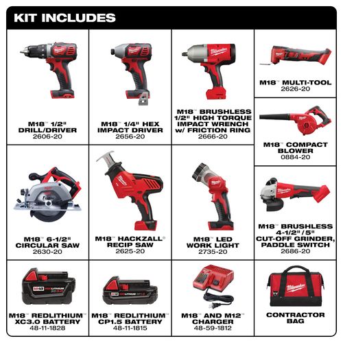 Main product image of M18 Drill/Driver, Impact Driver, Impact Wrench, Multi Tool, Blower, Grinder, HACKZALL Saw, Circ Saw, Light Kit