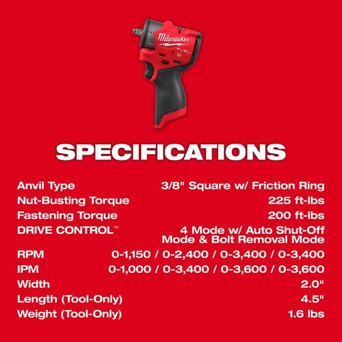 Main product image of M12 FUEL 3/8" Subcompact Impact Wrench w/ Friction Ring, 3049-20