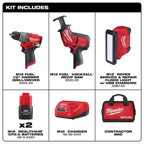 Main product image of M12 FUEL Hammer Drill, Recip Saw, Flood Light Kit