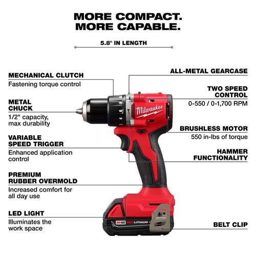 Main product image of M18 Compact Brushless 1/2" Hammer Drill/Driver Kit, 3602-22CT