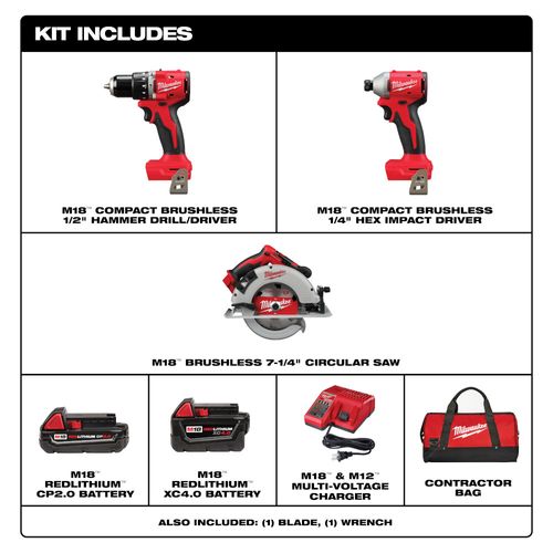 Main product image of M18 18V Li-Ion Brushless Cordless Hammer Drill, Impact Driver, and Circ Saw Combo Kit