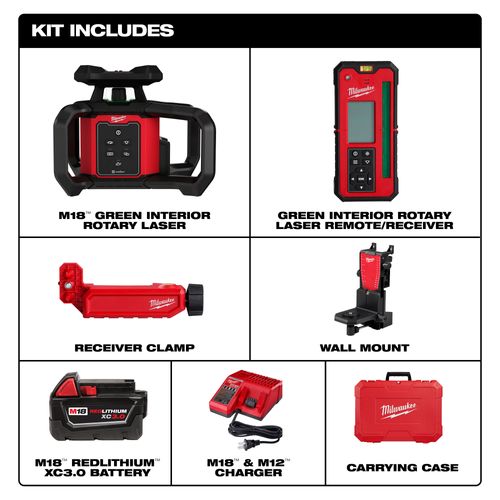 Main product image of M18 Green Interior Rotary Laser Level Kit w/ Remote/Receiver & Wall Mount Bracket, 3702-21
