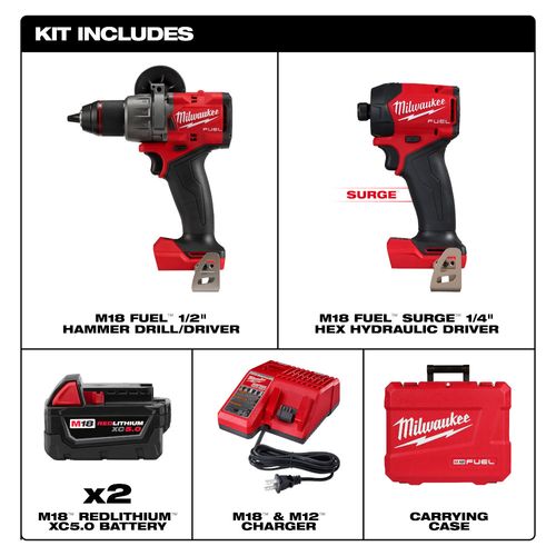 Main product image of M18 FUEL Tool Combo Kit w/ 1/4" SURGE Hex Hydraulic Driver and 1/2" Hammer Drill/Driver Tools, REDLITHIUM Extended Capacity Battery Pack, M18/M12 Charger, Handle, Case, and Belt Clip