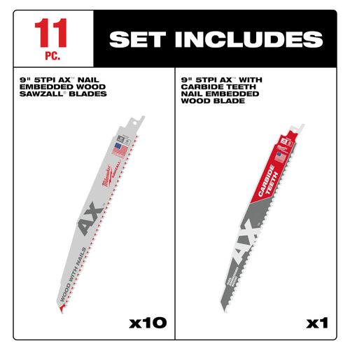 Main product image of 9" 5TPI AX Nail Embedded Wood SAWZALL Recip Blade (10 Pack) + 9" 5TPI AX with Carbide Teeth Nail Embedded Wood Blade