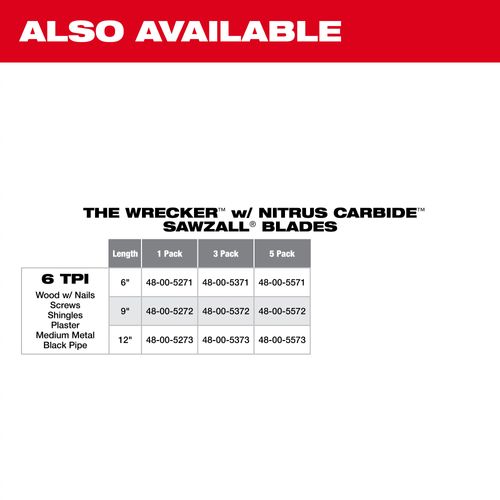 Main product image of 9" 6 TPI WRECKER with Carbide Teeth SAWZALL Blade for Multi-Material (5 Pack), 48-00-5542