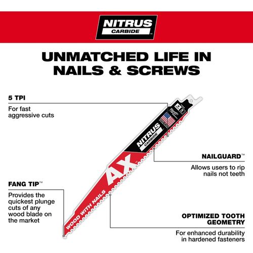 Main product image of 9" 5 TPI AX w/NITRUS Carbide Teeth SAWZALL Blade for Wood with Nails, 48-00-7252