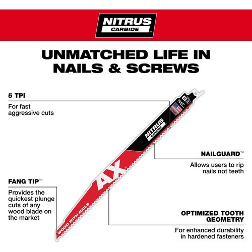 Main product image of 12" 5 TPI AX w/NITRUS Carbide Teeth SAWZALL Blade for Wood with Nails, 48-00-7253