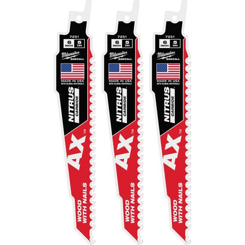 Main product image of 6" 5 TPI AX w/NITRUS Carbide Teeth SAWZALL Blade for Wood with Nails (Pack of 3), 48-00-7351