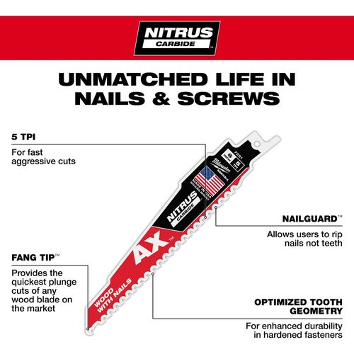 Main product image of 6" 5 TPI AX w/NITRUS Carbide Teeth SAWZALL Blade for Wood with Nails (Pack of 3), 48-00-7351