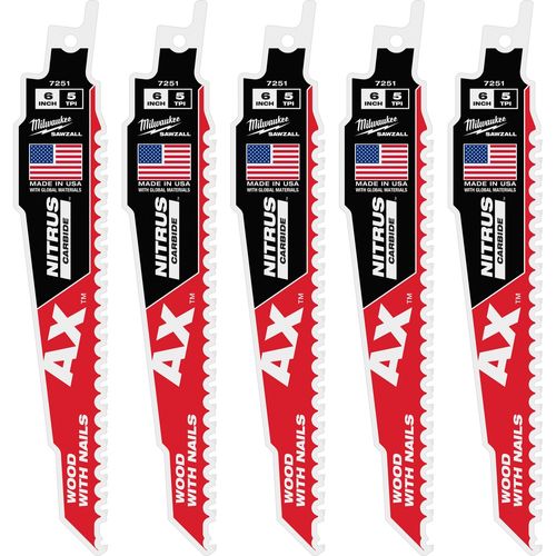 Main product image of 6" 5 TPI AX w/NITRUS Carbide Teeth SAWZALL Blade for Wood with Nails (Pack of 5), 48-00-7551