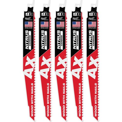 Main product image of 9" 5 TPI AX w/NITRUS Carbide Teeth SAWZALL Blade for Wood with Nails (Pack of 5), 48-00-7552