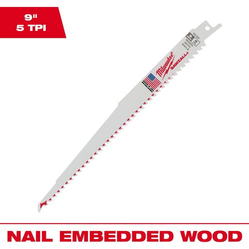 Main product image of 9" 5 TPI SAWZALL Blade for Wood with Nails (Pack of 25), 48-01-2036