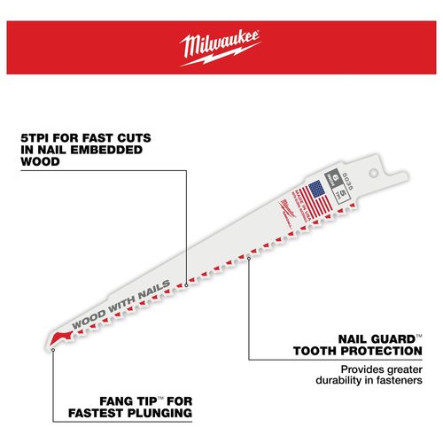 Main product image of 12" 5 TPI SAWZALL Blade for Wood with Nails (Pack of 50), 48-01-6037