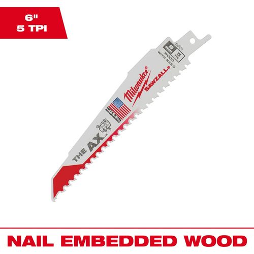 Main product image of 6" 5 TPI AX SAWZALL Blade for Wood with Nails (Pack of 100), 48-01-7021