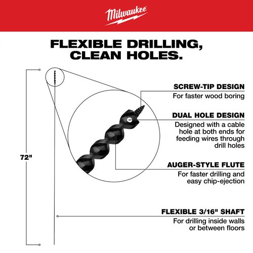 Main product image of 1/2" x 72" Flexible Cable Auger Bit, 48-13-8350