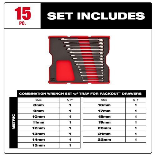 Main product image of 15 Piece Metric Combination Wrench Set with Tray for PACKOUT Drawers, 48-22-0154