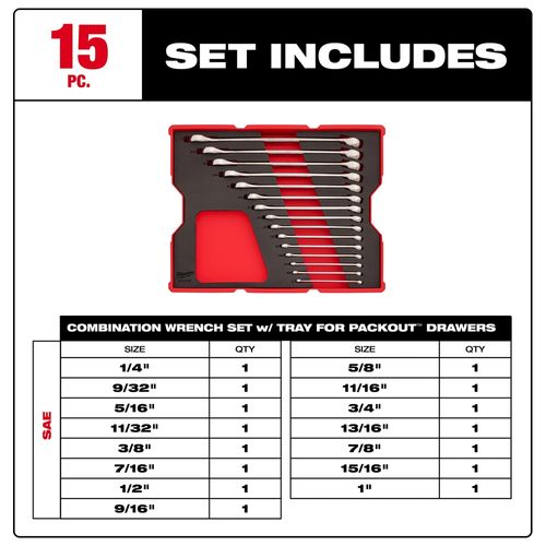 Main product image of 15 Piece SAE Combination Wrench Set with Tray for PACKOUT Drawers, 48-22-0155