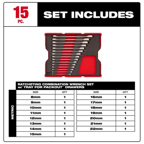 Main product image of 15 Piece Metric Ratcheting Combination Wrench Set with Tray for PACKOUT Drawers, 48-22-0156