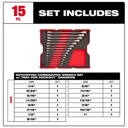 Main product image of 15 Piece SAE Ratcheting Combination Wrench Set with Tray for PACKOUT Drawers, 48-22-0157
