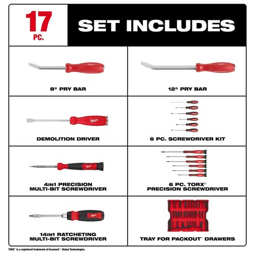Main product image of 17 Piece Screwdriver & Pry Bar Set with Tray for PACKOUT Drawers, 48-22-0158