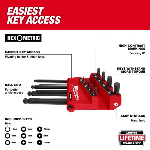 Main product image of 9-Key Ball End L-Style Hex Key Set - Metric, 48-22-2186