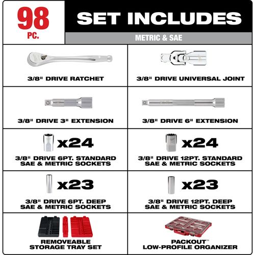 Main product image of 98 Piece 3/8" Drive 6-Pt & 12-Pt Metric & SAE Ratchet & Socket Set w/ PACKOUT Low-Profile Organizer