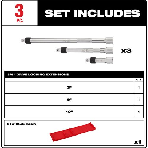 Main product image of 3 Piece 3/8" Drive Locking Extension Set, 48-22-9361