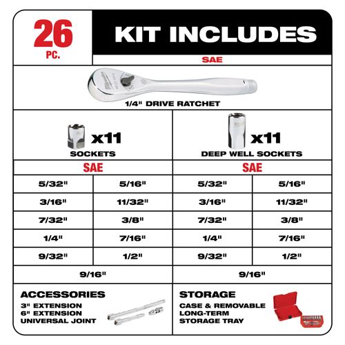 Main product image of 1/4" Drive 26 piece Ratchet & Socket Set - SAE, 48-22-9404
