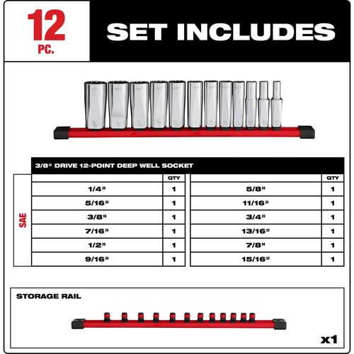 Main product image of 12 Piece 3/8" Drive 12-Point Deep Well SAE Socket Set, 48-22-9421