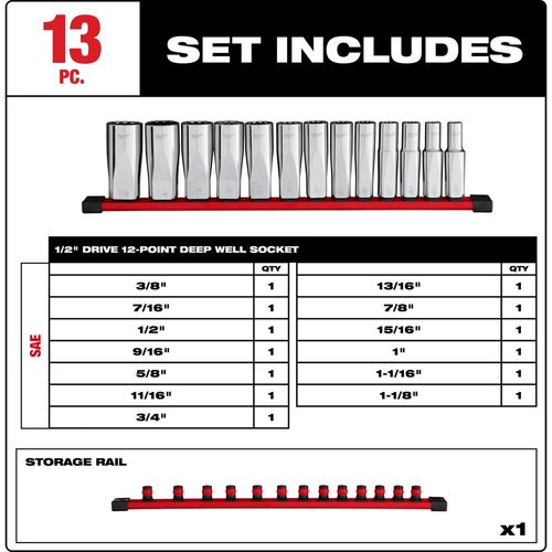 Main product image of 13 Piece 1/2" Drive 12-Point Deep Well SAE Socket Set, 48-22-9424