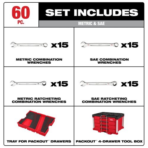 Main product image of 60 Piece Metric & SAE Combination Wrench Set with PACKOUT 4 Drawer Tool Box, 48-22-9492