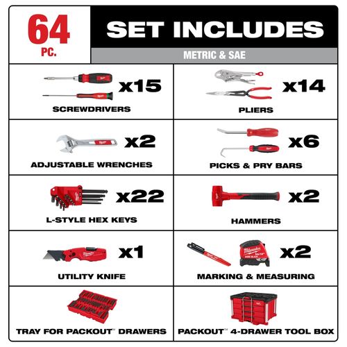 Main product image of 64 Piece Hand Tool Set with PACKOUT 4 Drawer Tool Box, 48-22-9493