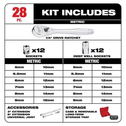 Main product image of 1/4" Drive 28 piece Ratchet & Socket Set - Metric, 48-22-9504