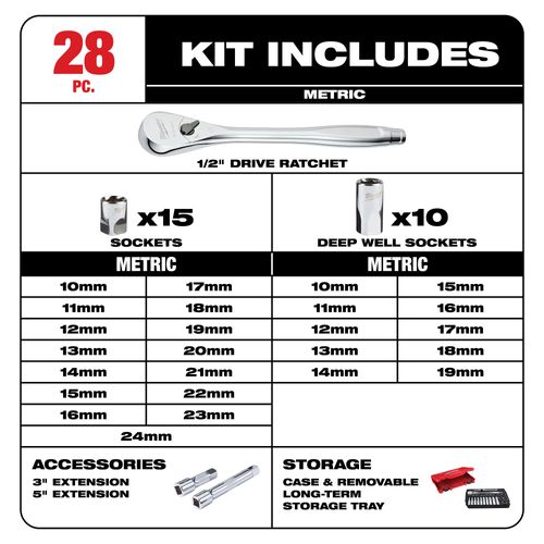 Main product image of 28 pc 1/2" Drive Metric Ratchet and Socket Set with 4 Flat Sides, 48-22-9510