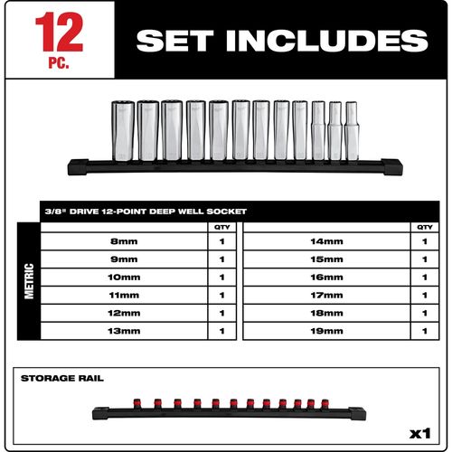 Main product image of 12 Piece 3/8" Drive 12-Point Deep Well Metric Socket Set, 48-22-9521