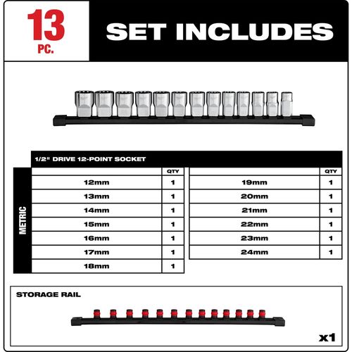 Main product image of 13 Piece 1/2" Drive 12-Point Metric Socket Set, 48-22-9522
