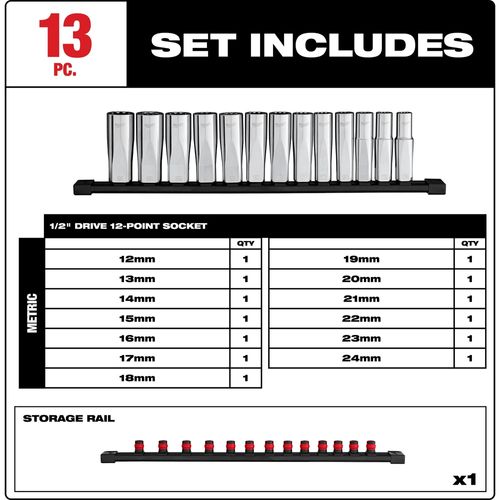 Main product image of 13 Piece 1/2" Drive 12-Point Deep Well Metric Socket Set, 48-22-9524