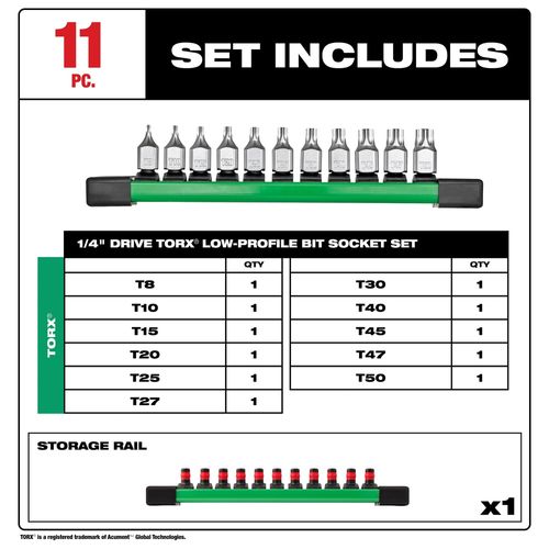 Main product image of 11 Piece 1/4" Drive Low-Profile TORX Bit Socket Set, 48-22-9533