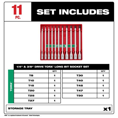 Main product image of 11 Piece 1/4" and 3/8" Drive Long TORX Bit Socket Set, 48-22-9534