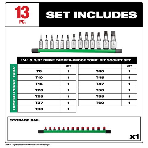Main product image of 13 Piece 1/4" and 3/8" Drive Tamper Proof TORX Bit Socket Set, 48-22-9535