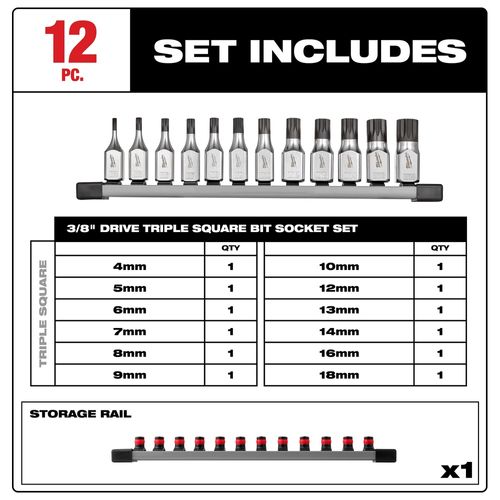 Main product image of 12pc 3/8" Drive Triple Square Bit Socket Set, 48-22-9536