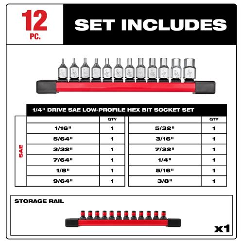 Main product image of 12pc 1/4" Drive Low-Profile Hex Bit Socket Set - SAE, 48-22-9544